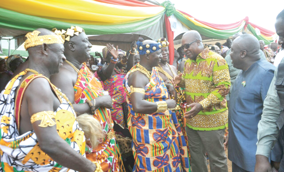 • President Mahama interacting with some chiefs at Takrowase. Pictures: EBOW HANSON